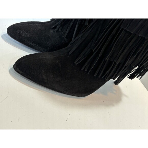 ZARA WOMENS BLACK LEATHER SUEDE FRINGED HIGH HEEL ANKLE BOOTS SZ 38 US 7.5 - Picture 12 of 13